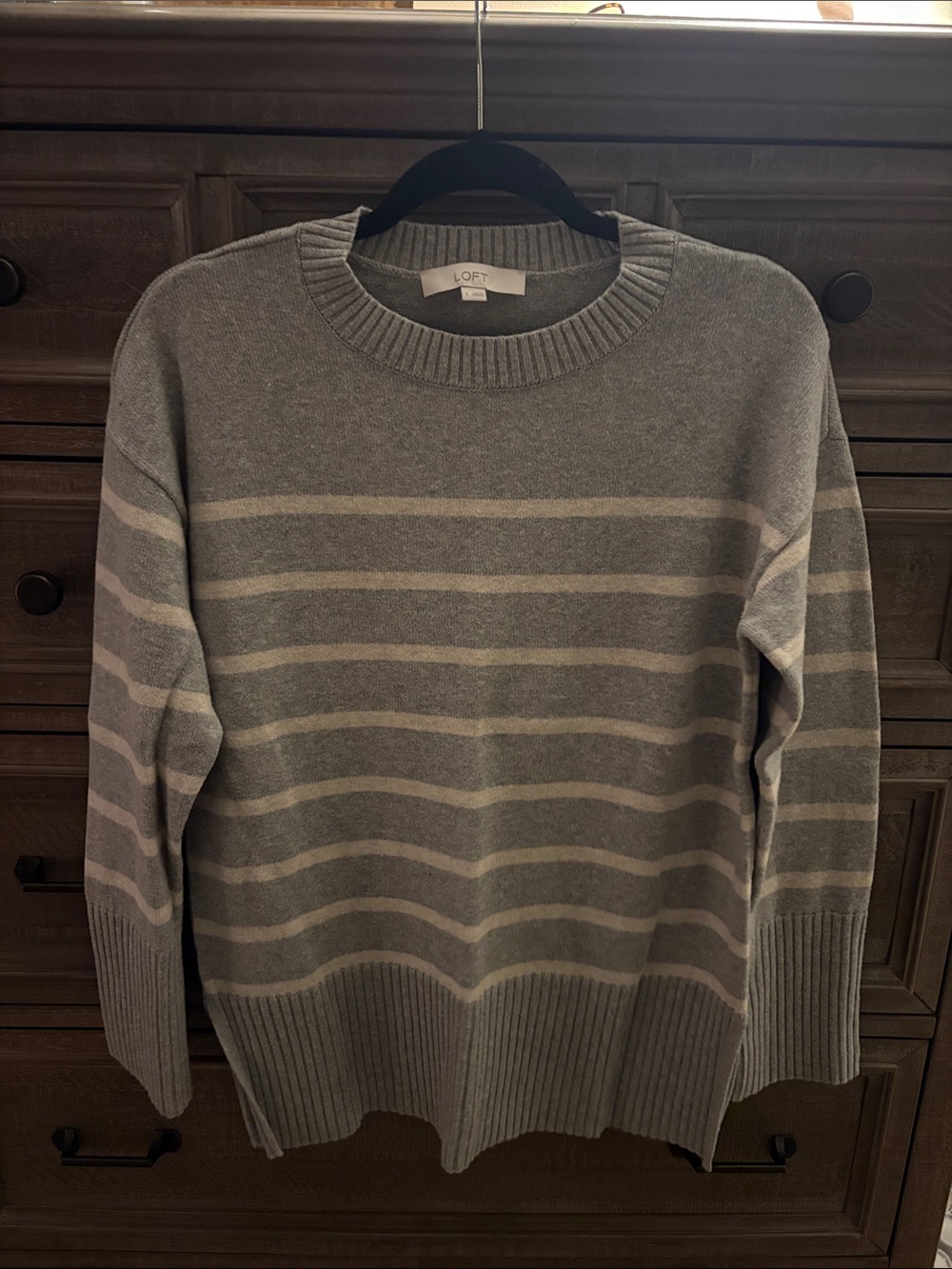 LOFT Gray Striped Crewneck Sweater